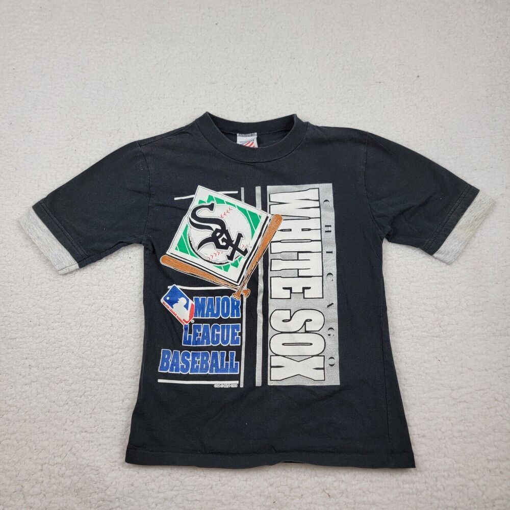VINTAGE 90s Chicago White Sox MLB Kids Shirt Black Graphic 1993 Med 10-12 USA